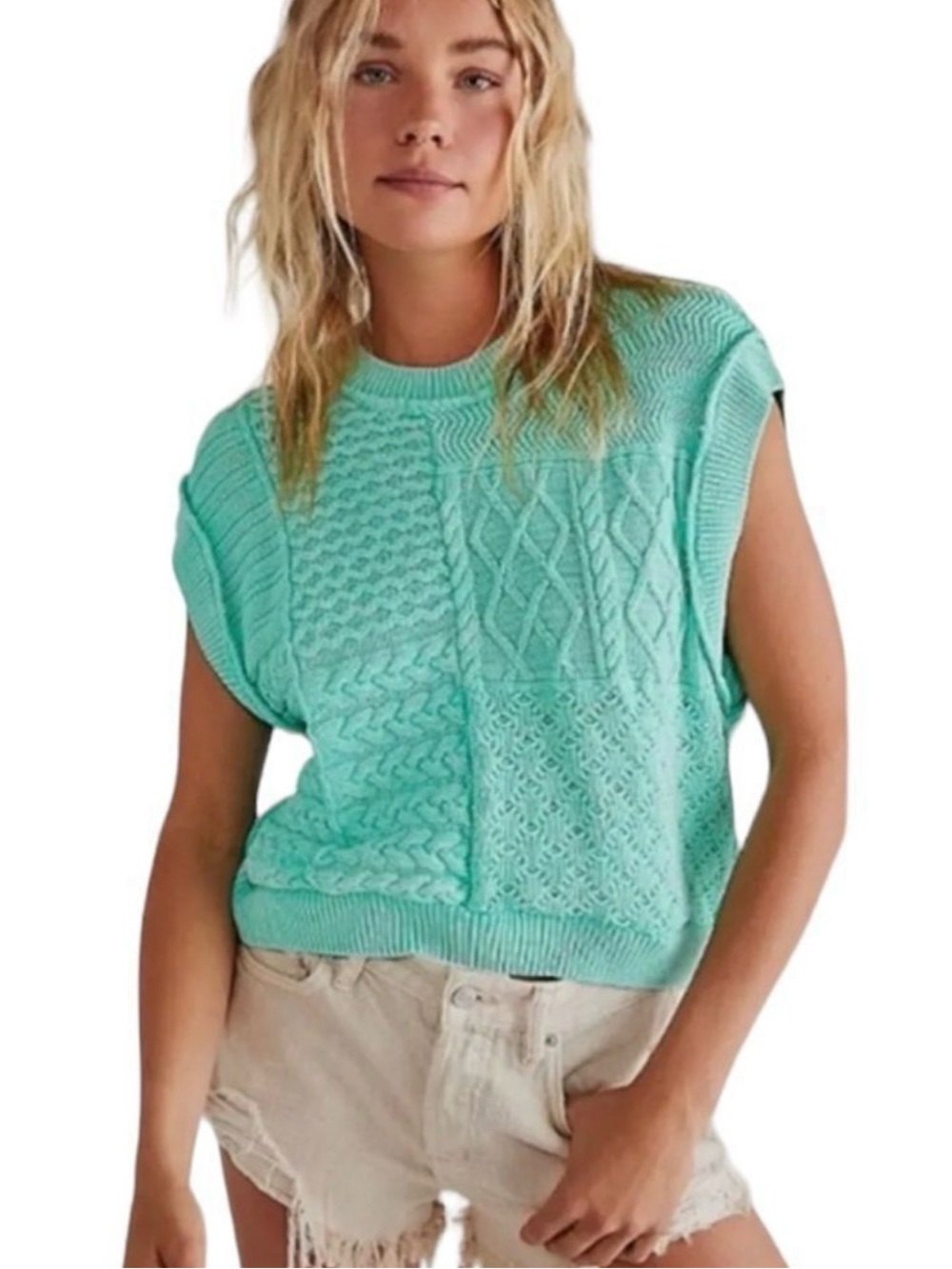 NWT Free People Take The Plunge Sweater Vest in Ocean Lily Combo - Size S